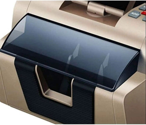 Close-up of Slick Money Counter With Smart Infrared Fake Note Detection Heavy Duty Cash Counting Machine LCD display and feeding slot.