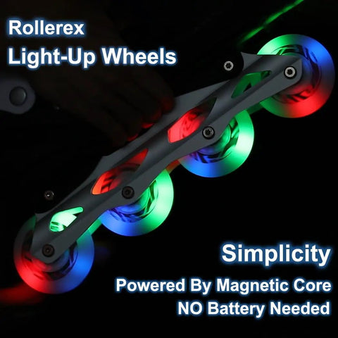 80mm Inline Skate Wheels With ABEC-9 Bearings glowing on roller frame, showcasing light-up feature in dark setting.