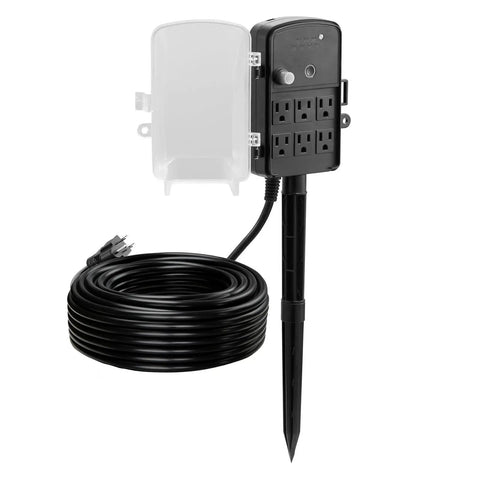 Heavy Duty Outdoor Power Stake With 100 Foot Extension Cord, six socket timer, waterproof plug for outdoor use.
