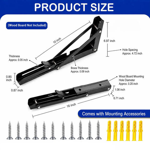 Slick Two Pack 16 Inch Black Folding Shelf Brackets Rock Solid Space Saving Wall Mount With All Screws And Anchors For No Sweat Install detailed size diagram.