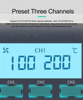 Close-up of a digital display showing three channels on a Hot Air Desoldering Station For PCB Rework, 580W Max, 40L Air Flow.