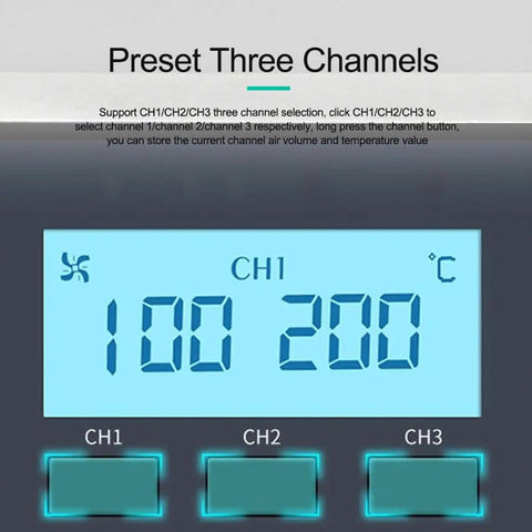 Close-up of a digital display showing three channels on a Hot Air Desoldering Station For PCB Rework, 580W Max, 40L Air Flow.
