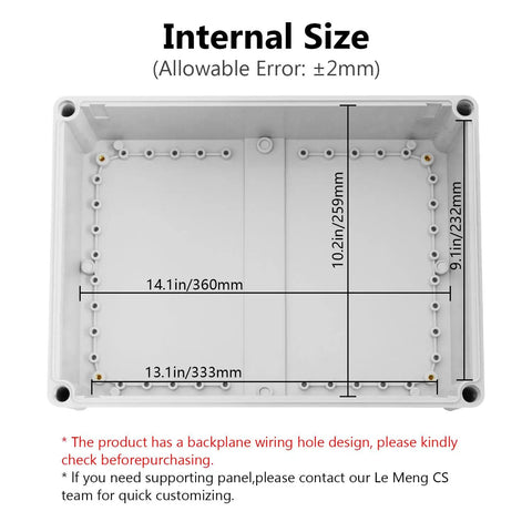 IP67 Waterproof Junction Box Outdoor Enclosure with interior dimensions and visible durable ABS plastic, gray finish.