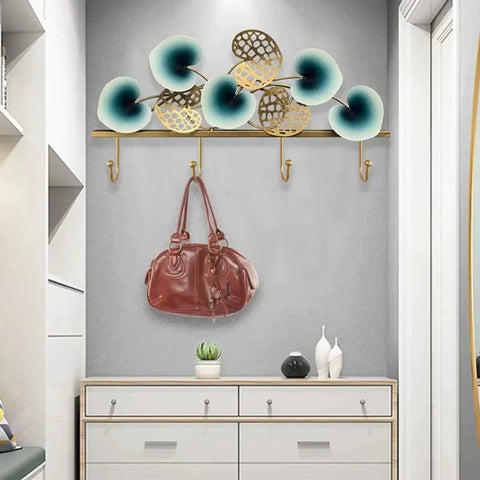 Heavy Duty Wall Mounted Coat Rack For Front Door Entryway Hand Welded Steel Hooks For Hallway Living Room Space Saver Style, holding a red bag.
