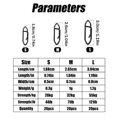 Size chart for Speed Clips Fishing Tackle Kit 120 Piece With Three Sizes S M L And Storage Box Quick Change Connectors For Saltwater Freshwater