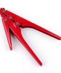 Red heavy duty metal zip tie tool for easy tensioning and cutting nylon cable ties up to 0.37 inches, one hand operation.