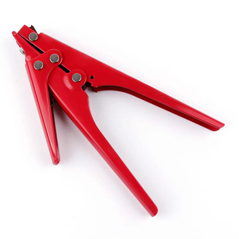 Red heavy duty metal zip tie tool for easy tensioning and cutting nylon cable ties up to 0.37 inches, one hand operation.