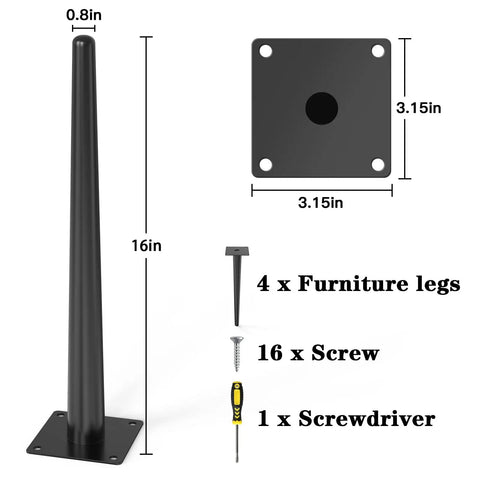 Oblique Tapered Metal Furniture Legs Set of 4, 16 inch, with screws and screwdriver, black mid century style for sofas and more.