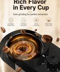 Premium Electric Burr Coffee Grinder With 28 Precision Settings And Anti Static Build Powers Through Espresso French Press Or Drip Brews Delivering That Smooth Sipping Experience Nailing Perfect Extraction Every Single Shot showing the grinding mechanism and floating coffee beans.