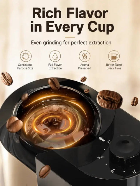 Premium Electric Burr Coffee Grinder With 28 Precision Settings And Anti Static Build Powers Through Espresso French Press Or Drip Brews Delivering That Smooth Sipping Experience Nailing Perfect Extraction Every Single Shot showing the grinding mechanism and floating coffee beans.