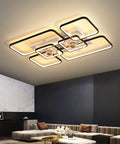 Modern Rectangular Ceiling Fan Lamp With 7 Blades Semi Flush LED Light With Remote Control For Living Room 27.5 Inches in black and white.