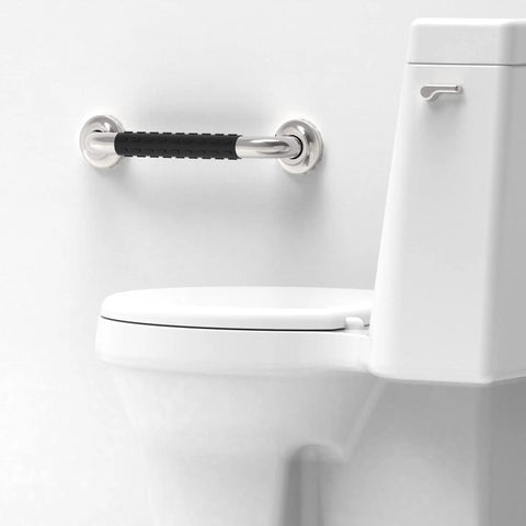 24 Inch Designer Bath Grab Bar With Anti Slip Silastic Soft Grip, Heavy Duty ADA Compliant 500 Lbs Weight Capacity, Brushed Nickel Finish, mounted near toilet