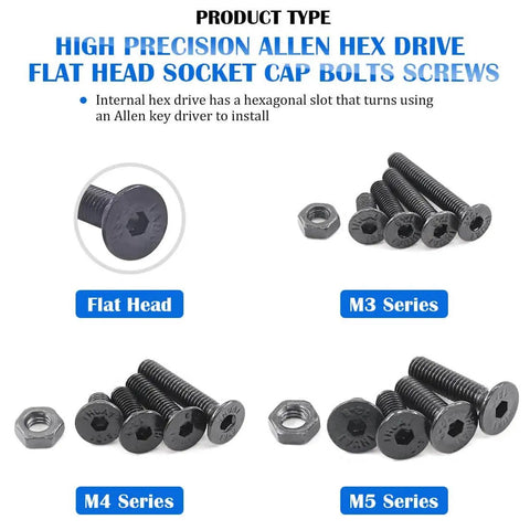 510 Piece Metric M3 M4 M5 Alloy Steel Socket Cap Screws And Nuts Kit With Hex Head Flat Head Bolts Black Oxide Finish