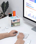Compact Desk Organizer With Drawer And Divided Compartments For Pens Pencils Cards Phone Clips Markers Sticky Notes And Makeup Accessories Ideal Office School And Home White on desk