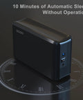 Aluminum dual bay external drive enclosure with USB 3.0, showcasing automatic sleep feature and sleek design.
