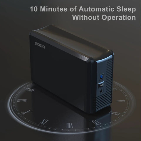 Aluminum dual bay external drive enclosure with USB 3.0, showcasing automatic sleep feature and sleek design.