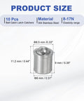 Heavy Duty 10 Pack 304 Stainless Steel Ball Plungers Smooth Operator Cabinet Latch Catcher For Doors Drawers And Closets Built Like A Tank No Stress 8X9MM Size with dimensions displayed.