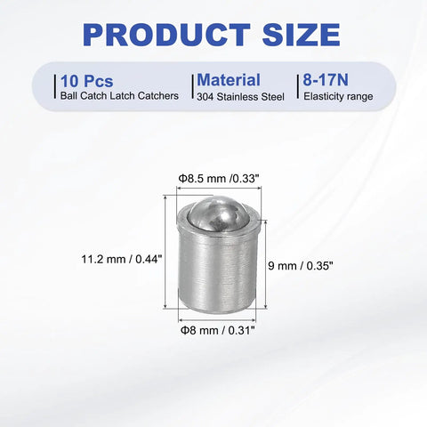 Heavy Duty 10 Pack 304 Stainless Steel Ball Plungers Smooth Operator Cabinet Latch Catcher For Doors Drawers And Closets Built Like A Tank No Stress 8X9MM Size with dimensions displayed.