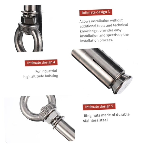 Stainless Steel Eyebolts And Ring Bolts Lifting Eyes Kit Five Piece Assorted Set For Home Garden Projects Built To Last Tough As Nails Rustproof Fasteners For Motors Cabinets Rigs And Outdoor Use, close-up