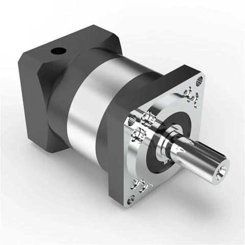 Top Shelf Planetary Gearbox Speed Reducer Boasting Badass Two Stage Build With Ratios From Fifteen To One Up To One Hundred To One Fit For Nema Fifty Two Stepper Motors Alongside A Heavy Duty Twenty Four Millimeter Input Shaft Ready For Your Next Project, featuring silver metal exterior and 24mm shaft.