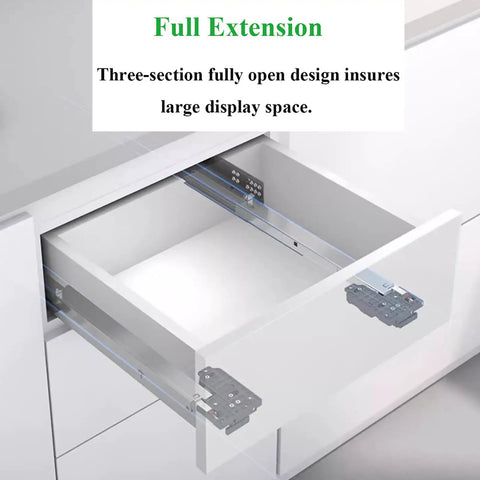 21 Inch Undermount Soft Close Drawer Slides Full Extension Heavy Duty Cabinet Hardware Six Pair Set showing full extension design in a kitchen drawer.