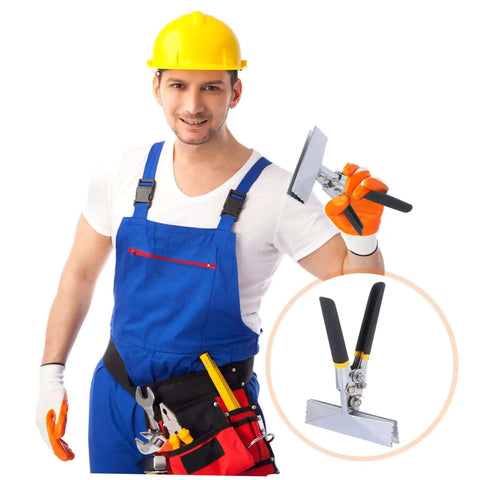 Worker holding Ergonomic Hand Seamer Tool For Metal Bending with durable construction; inset shows close-up of tool for HVAC and DIY projects.