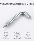 Premium 304 stainless steel L-hook showcasing rust resistance and strength for storage solutions. Level Up Your Home Storage Game With These 100 Pack Stainless Steel L Hooks Right Angle Screw Eye Hooks Rust Resistant Wall Mounts For Keys Jewelry And Quick Office Ready Setup Anytime Now.