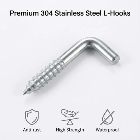 Premium 304 stainless steel L-hook showcasing rust resistance and strength for storage solutions. Level Up Your Home Storage Game With These 100 Pack Stainless Steel L Hooks Right Angle Screw Eye Hooks Rust Resistant Wall Mounts For Keys Jewelry And Quick Office Ready Setup Anytime Now.