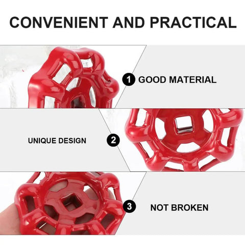 Close-up of red cast iron valve handles with 10 Pack Cast Iron Valve Hand Wheel Handles For Water Fittings With Reliable Sealing And Easy Open Close Flat Bottom Design For Garden Hose Valve Replacement And Durable Manual On Off Operation label