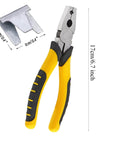 Yellow and black pliers with measurement details alongside a cage clip, part of the 1200 Piece Wire Cage Clips Set With 2 Pliers For Bird Chicken Rabbit Quail Cages J Clips Buckle Clips Hog Ring Pliers Snap Ring Pliers For Fast Easy Cage Assembly.