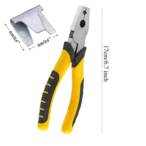 Yellow and black pliers with measurement details alongside a cage clip, part of the 1200 Piece Wire Cage Clips Set With 2 Pliers For Bird Chicken Rabbit Quail Cages J Clips Buckle Clips Hog Ring Pliers Snap Ring Pliers For Fast Easy Cage Assembly.