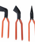 Pro Grade Three Piece Hand Seamers Set for Sheet Metal, straight jaw bender plus 45 and 90 degree pliers with orange handles.