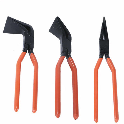 Pro Grade Three Piece Hand Seamers Set for Sheet Metal, straight jaw bender plus 45 and 90 degree pliers with orange handles.