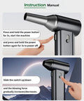Instruction manual for Beast Mode Cordless Air Duster 130000 RPM Turbo Blower showing power button operation.
