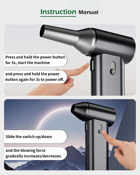 Instruction manual for Beast Mode Cordless Air Duster 130000 RPM Turbo Blower showing power button operation.
