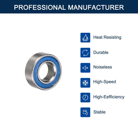 HiPicco MR104-2RS miniature deep groove ball bearing, close-up, blue rubber seal, 4x10x4 mm.