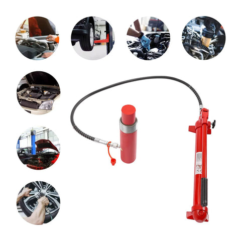 20-ton Porta Power hydraulic jack kit, red with hose and ram – front view