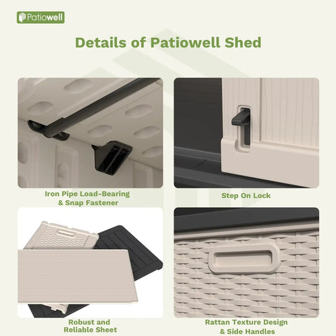 Details of Beige Plastic Outdoor Storage Cabinet With Lockable Shed Waterproof All Weather Patio Tools Box, featuring load-bearing iron pipe, step-on lock, robust sheet, and rattan texture design.