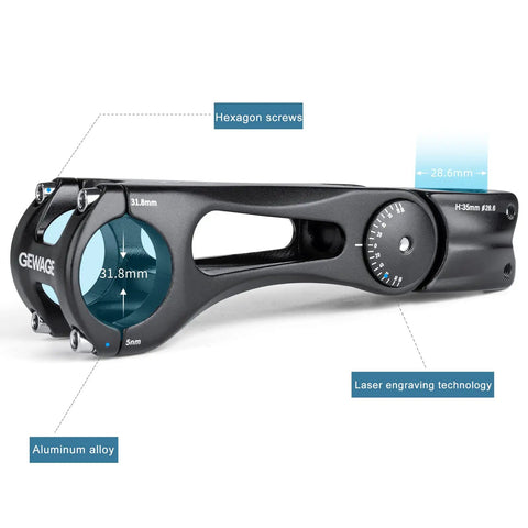 Adjustable Minus Sixty Five Degree To Plus Forty Five Degree Aluminum Bike Stem Riser, 140mm Length, showing size details
