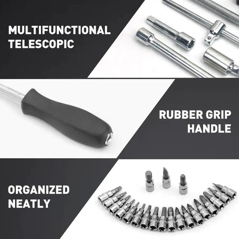 46 Piece One Quarter Inch Drive Socket Wrench Set With Pro Grade 72 Tooth Ratchet Chrome Vanadium Steel Tools and rubber grip handle