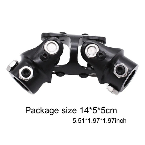 Upgrade Your Ride With This Super Strong 3/4 By 3/4 Inch Double Steering U Joint Universal Shaft Coupler Built From Premium Metal For Smooth Driving And Long Lasting Performance On Any Car Or Truck. black 3/4 inch double steering U joint universal shaft coupler with package size text