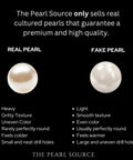 Comparison chart of real vs fake pearls, highlighting differences in texture, color, weight, and drill holes.
