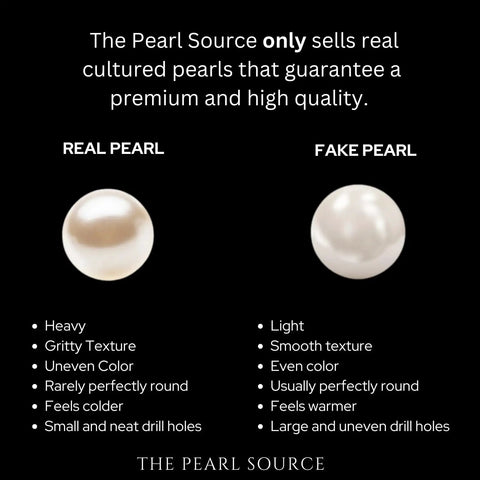 Comparison chart of real vs fake pearls, highlighting differences in texture, color, weight, and drill holes.