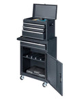 Heavy Duty Metal Rolling Tool Cart With Drawers For Power Tools And Workshop Organization Black On Wheels Large Garage Storage Cabinet With Four Rugged Wheels showing open drawers and cabinet