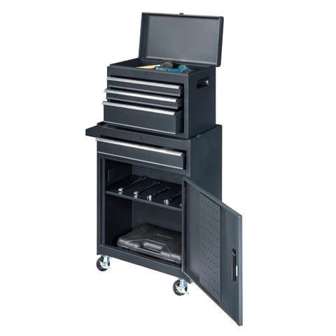 Heavy Duty Metal Rolling Tool Cart With Drawers For Power Tools And Workshop Organization Black On Wheels Large Garage Storage Cabinet With Four Rugged Wheels showing open drawers and cabinet