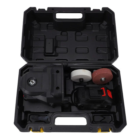 LoveWh Handy Cordless Bench Grinder With Six Speed Settings And 100W Power in a compact carrying case with accessories.