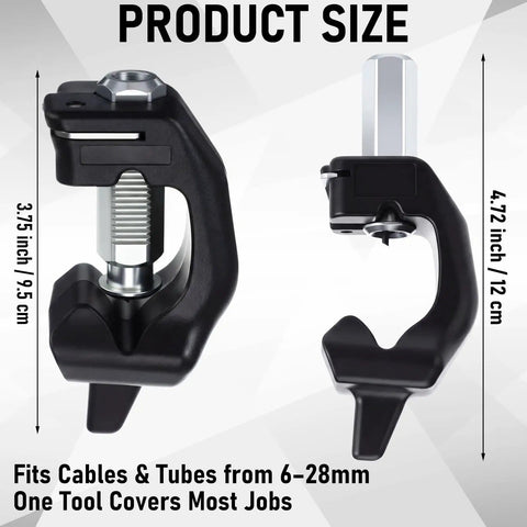 Black cable stripper with adjustable blade depth for 6 to 28 mm wires, shown in side view, alloy steel blades visible.