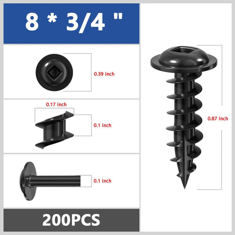 Black Pocket Hole Screws Set Number Eight Three Quarters Inch 200 Pieces One Pound Square Drive Round Head Self Tapping For Cabinets Tables Panels And DIY Outdoor Wood Projects Includes 60mm Drive Bit, shown with dimensions