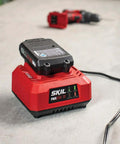 20V Standard Charger For PWR Core 20 Batteries With Fast One Hour Charge And Clear LED Status Indicator on workbench.