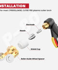 Exploded view of P-80 Plasma Cutter Torch Consumables Kit with labeled electrode, nozzle, shield cup, and guide wheel spacer.